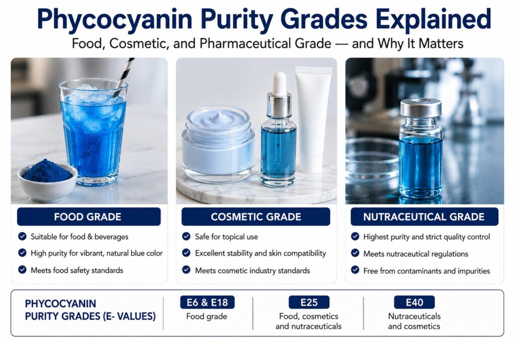 Phycocyanin Purity Grades Explained: Food, Cosmetic, and Pharmaceutical Grade — and Why It Matters